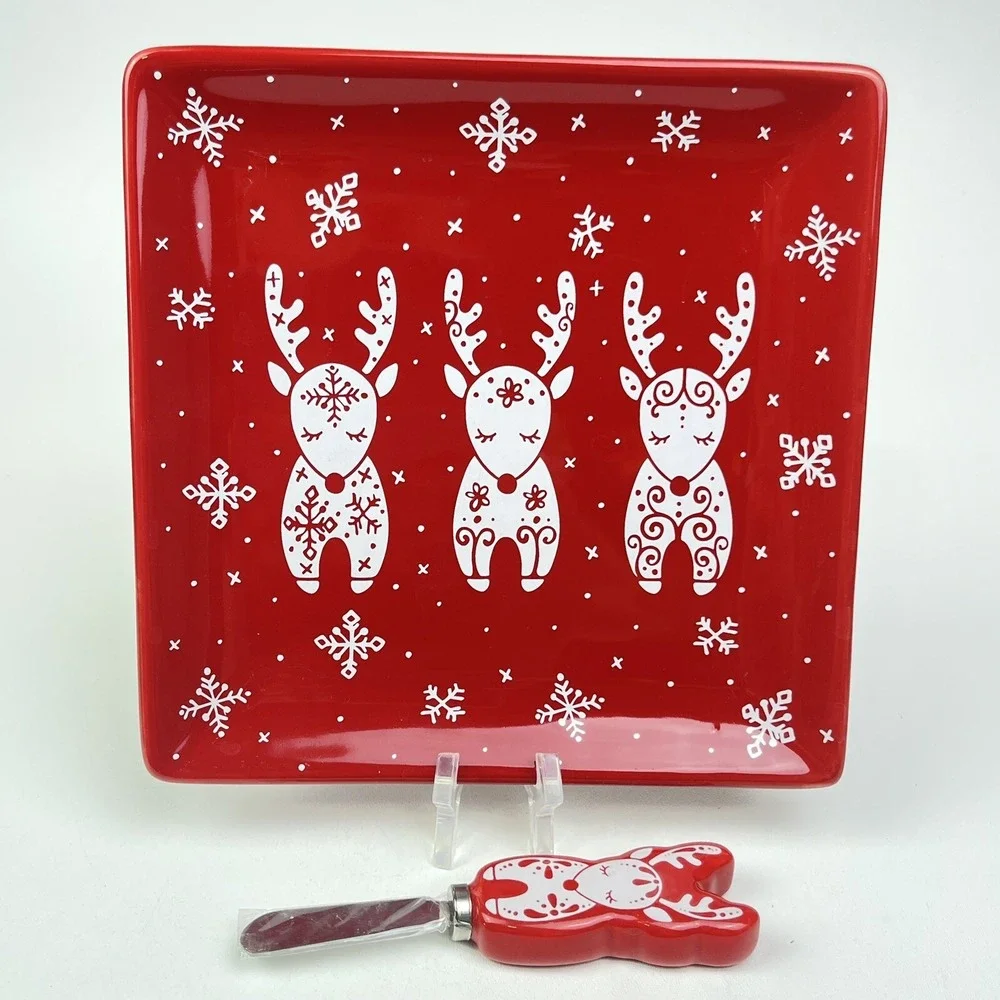 TempTations By Tara Serving Holiday Square Charcuterie Plate Cheese Knife Set